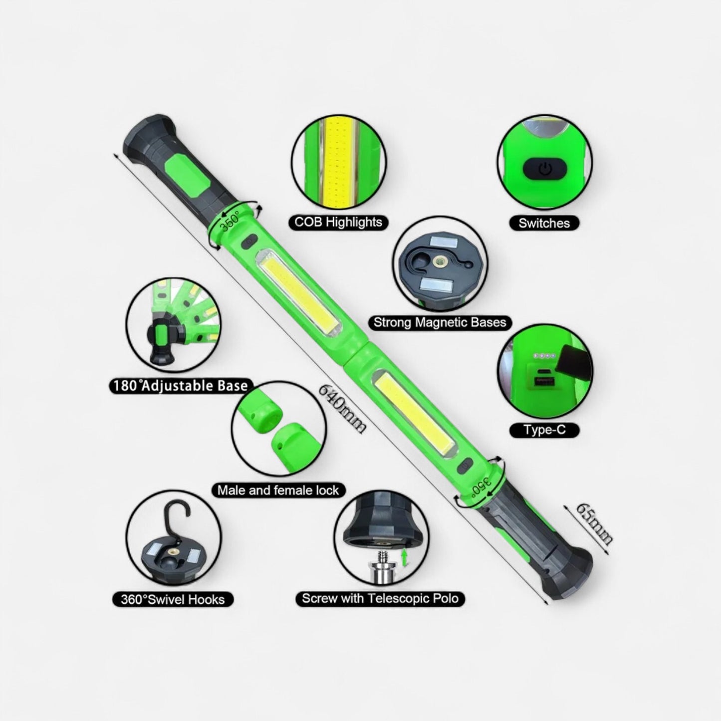 Lampe de travail LED rechargeable 2-en-1 magnétique Vert