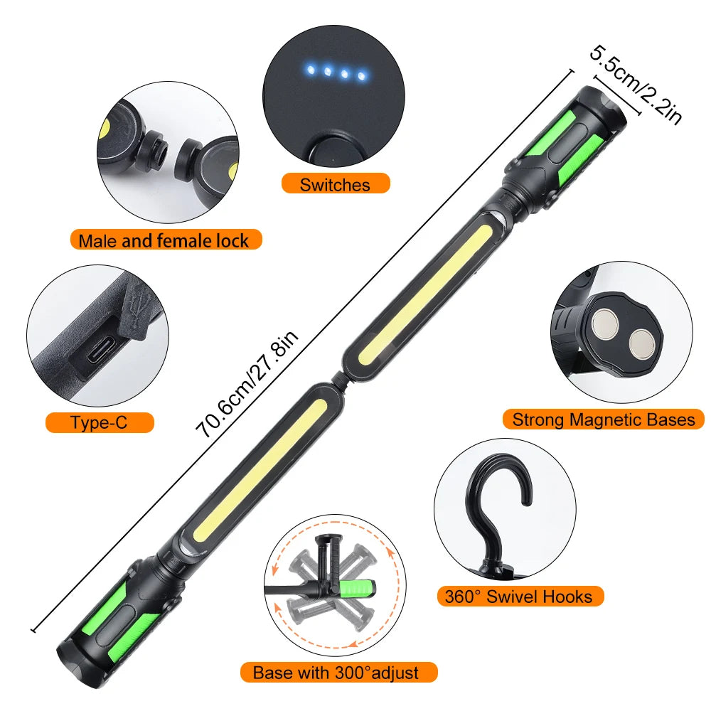 Lampe de travail COB rechargeable magnétique avec crochets – 500-1500 lm – IP44