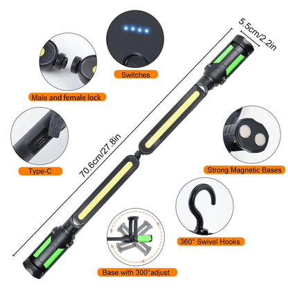 Lampe de travail COB rechargeable magnétique avec crochets – 500-1500 lm – IP44